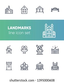 Landmarks line icon set. House, bridge, mill, fountain. Architecture concept. Can be used for topics like suburb, country, home