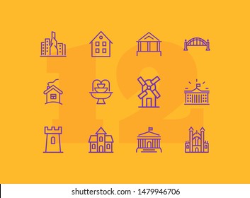 Landmarks line icon set. House, bridge, mill, fountain. Architecture concept. Can be used for topics like suburb, country, home
