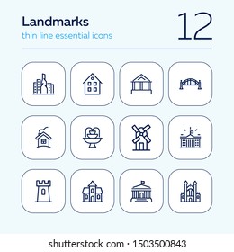 Landmarks line icon set. House, bridge, mill, fountain. Architecture concept. Can be used for topics like suburb, country, home