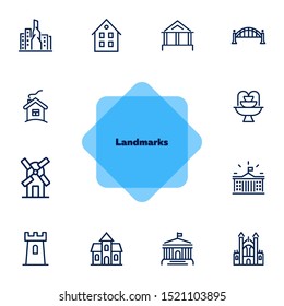 Landmarks line icon set. House, bridge, mill, fountain. Architecture concept. Can be used for topics like suburb, country, home