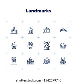 Landmarks line icon set. House, bridge, mill, fountain. Architecture concept. Can be used for topics like suburb, country, home