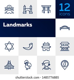 Landmarks line icon set. Venice, tower bridge, Japan. Travel concept. Can be used for topics like tourism, vacation, architecture, adventure