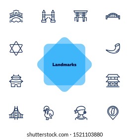 Landmarks line icon set. Venice, tower bridge, Japan. Travel concept. Can be used for topics like tourism, vacation, architecture, adventure
