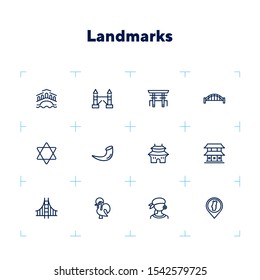 Landmarks line icon set. Venice, tower bridge, Japan. Travel concept. Can be used for topics like tourism, vacation, architecture, adventure