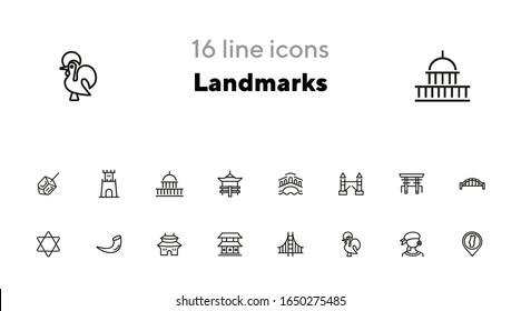 Landmarks line icon set. Venice, tower bridge, Japan. Travel concept. Can be used for topics like tourism, vacation, architecture, adventure