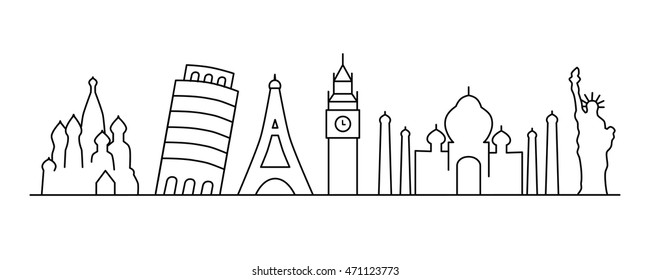 Landmarks line icons. Travel concept vector illustration. Silhouettes of the sights of the world.
