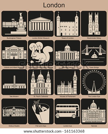 Landmarks of London. Set of monochrome icons. Editable vector illustration.