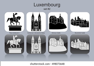 Landmarks of Luxembourg. Set of monochrome icons. Editable vector illustration.