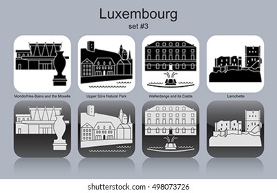 Landmarks of Luxembourg. Set of monochrome icons. Editable vector illustration.