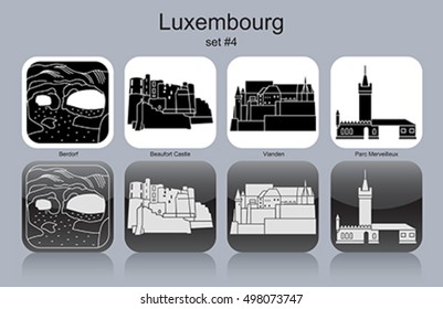 Landmarks of Luxembourg. Set of monochrome icons. Editable vector illustration.