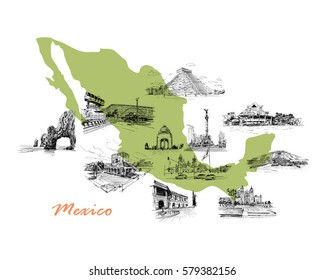 Landmarks of Mexico located on the map. Hand drawn vector illustration. 