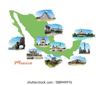 Landmarks of Mexico located on the map. Hand drawn vector illustration. 