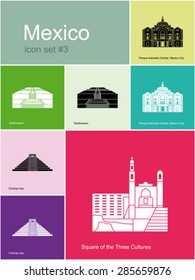 Landmarks of Mexico. Set of color icons in Metro style. Editable vector illustration.