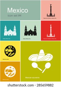 Landmarks of Mexico. Set of color icons in Metro style. Editable vector illustration.