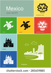 Landmarks of Mexico. Set of color icons in Metro style. Editable vector illustration.