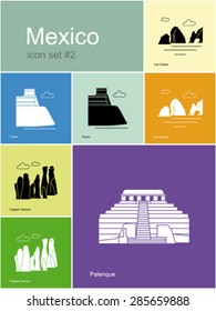 Landmarks of Mexico. Set of color icons in Metro style. Editable vector illustration.