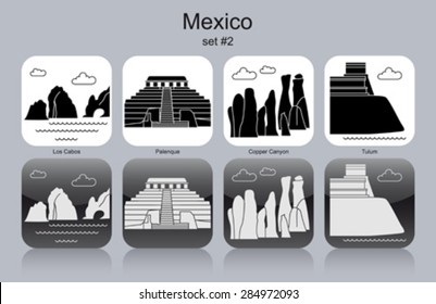 Landmarks of Mexico. Set of monochrome icons. Editable vector illustration.