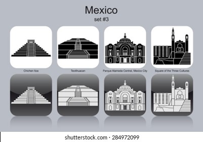 Landmarks of Mexico. Set of monochrome icons. Editable vector illustration.