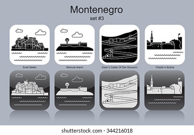 Landmarks of Montenegro. Set of monochrome icons. Editable vector illustration.