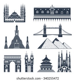 Landmarks and monuments black flat icons set isolated vector illustration