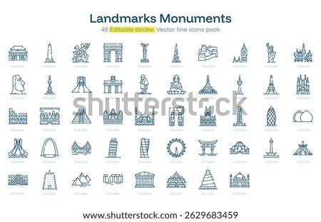 Landmarks Monuments line icon pack. Landmarks Monuments Stroke icon set. Editable Stroke icon