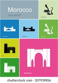 Landmarks of Morocco. Set of color icons in Metro style. Editable vector illustration.