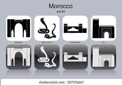 Landmarks of Morocco. Set of monochrome icons. Editable vector illustration.