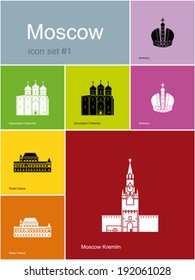 Landmarks of Moscow. Set of flat color icons in Metro style. Editable vector illustration.