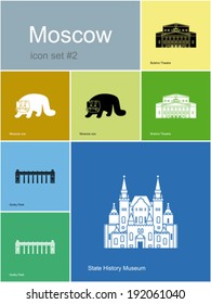 Landmarks of Moscow. Set of flat color icons in Metro style. Editable vector illustration.