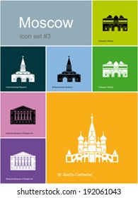 Landmarks of Moscow. Set of flat color icons in Metro style. Editable vector illustration.