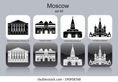 Pontos turísticos de Moscou. Conjunto de ícones monocromáticos. Ilustração vetorial editável.