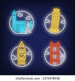 Landmarks Neon Sign Set. Las Vegas, London, Pisa, San Francisco. Flyers, Signage, Bright Banner. Vector Illustration In Neon Style For Topics Like Travel, Monument, Famous City