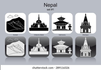 Landmarks of Nepal. Set of monochrome icons. Editable vector illustration.