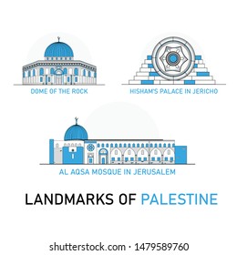 Landmarks of Palestine - Dome of the Rock in Jerusalem, Al Aqsa mosque in Jerusalem, Hisham's Palace in Jericho Flat Vector line style 