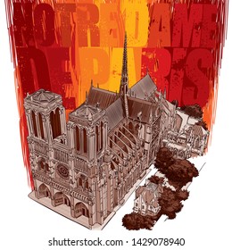 Landmarks of Paris. Notre Dame de Paris - burning inscription. Vector graphics of the cathedral seen from above.