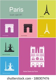 Landmarks of Paris. Set of flat color icons in Metro style. Editable vector illustration.