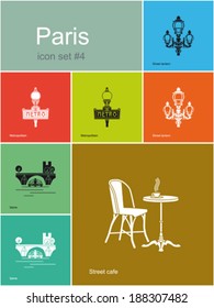 Landmarks of Paris. Set of flat color icons in Metro style. Editable vector illustration.