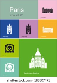 Landmarks of Paris. Set of flat color icons in Metro style. Editable vector illustration.