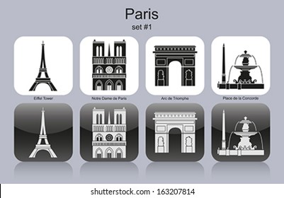 Landmarks of Paris. Set of monochrome icons. Editable vector illustration.