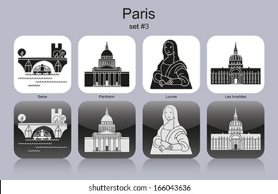 Landmarks of Paris. Set of monochrome icons. Editable vector illustration.