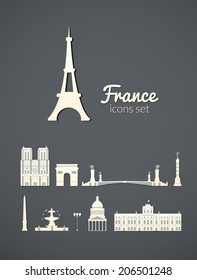 Landmarks of Paris, vector simple white icons on gray elegant background