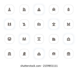 Landmarks and places line icons set. Paris, Dubai, America, Brazil, Japan, Korea, Italy, Egypt. Vector outline pictograms for web and ui, ux mobile app design. Editable Stroke. 24x24 Pixel Perfect.