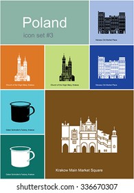 Landmarks of Poland. Set of color icons in Metro style. Editable vector illustration.