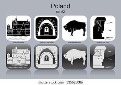 Landmarks of Poland. Set of monochrome icons. Editable vector illustration.