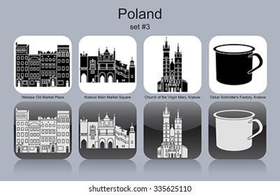 Landmarks of Poland. Set of monochrome icons. Editable vector illustration.