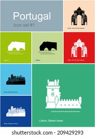 Landmarks of Portugal. Set of color icons in Metro style. Editable vector illustration.