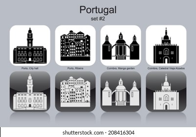 Landmarks of Portugal. Set of monochrome icons. Editable vector illustration.