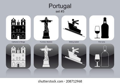 Landmarks of Portugal. Set of monochrome icons. Editable vector illustration.