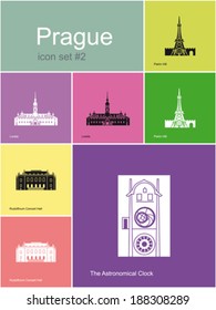 Landmarks of Prague. Set of flat color icons in Metro style. Editable vector illustration.