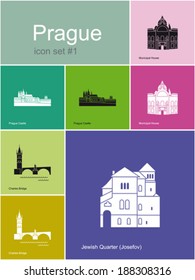 Landmarks of Prague. Set of flat color icons in Metro style. Editable vector illustration.